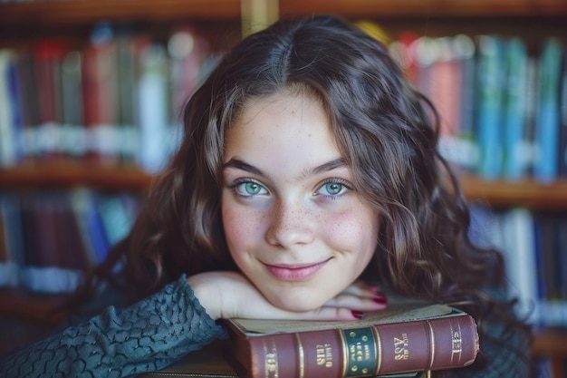 Foto een rustig jong meisje met boeiende groene ogen rusten op boeken in een gezellige bibliotheek die een gevoel van kalmte en verwondering oproepen