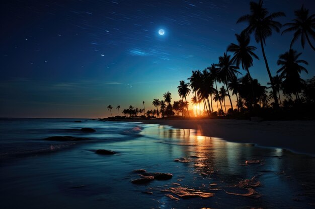 Een rustig landschap van een strand 's nachts met palmbomen die zachtjes zwaaien onder het betoverende licht van een volle maan Een serene maanlichtstrand met silhouetten van palmbomen