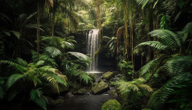 Foto een rustig landschap van tropisch regenwoud met stromend water en palmbomen gegenereerd door kunstmatige intelligentie