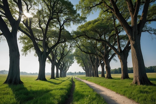 Foto een rustig pad met bomen.