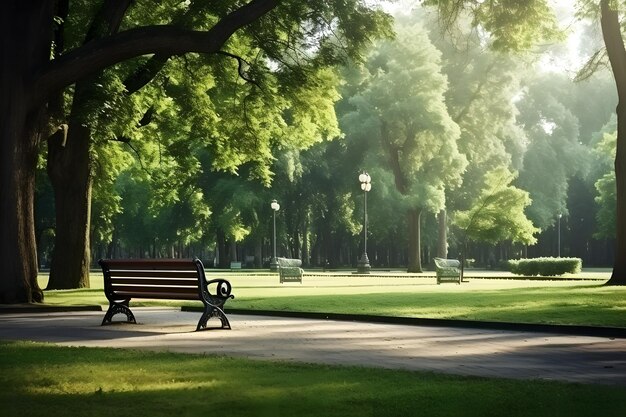 Foto een rustig park met bomen en banken die een ruimte bieden voor contemplatie en troost