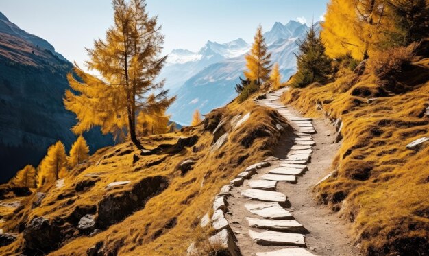 Foto een rustig stenen pad dat door het majestueuze berglandschap leidt