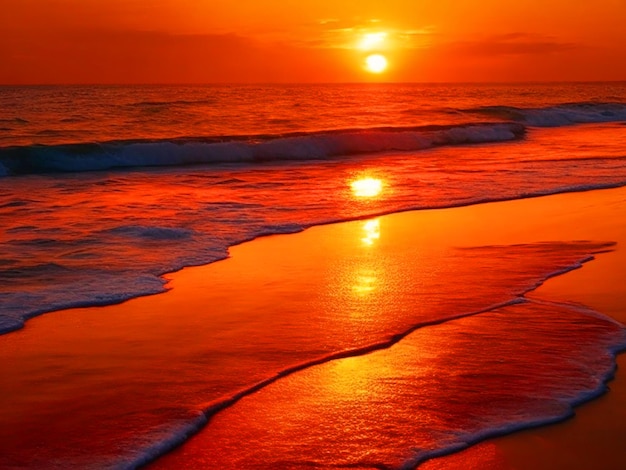 Foto een rustig strand bij zonsondergang met gouden oranje tinten die de lucht en rustige golven kleuren.