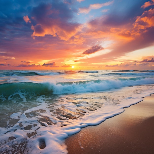 Een rustig strand bij zonsondergang waar de oceaan de lucht ontmoet