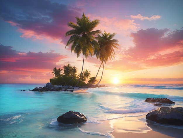 Een rustig strand met palmbomen, kristalhelder water en een kleurrijke zonsondergang