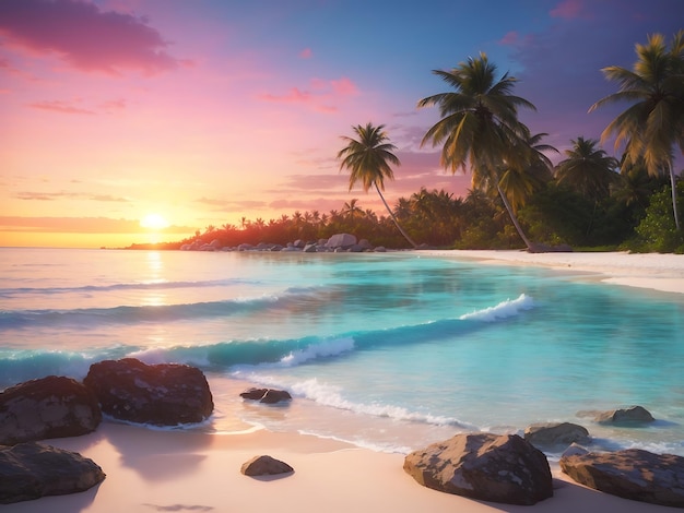 Een rustig strand met palmbomen, kristalhelder water en een kleurrijke zonsondergang