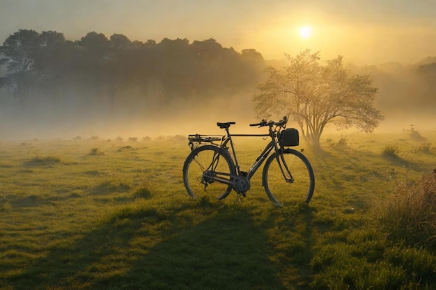 een rustig tafereel op een mistige ochtend waar een fiets langs de kant van de weg geparkeerd staat