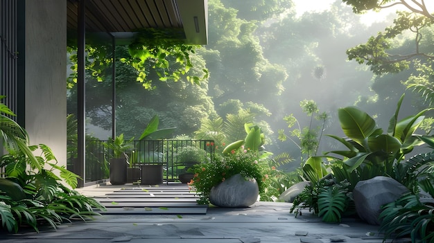 Een rustig terras met een modern geometrisch ontwerp te midden van weelderig groen Ai Generated