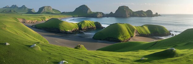 Foto een rustig uitzicht op een eiland met groene heuvels en zandstranden in een unieke vorm, omringd door zee en eilanden