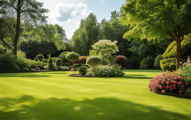 Een rustig uitzicht op een groen gazon omringd door prachtige goed verzorgde planten in een tuin die een harmonieuze en rustige buitenruimte creëert