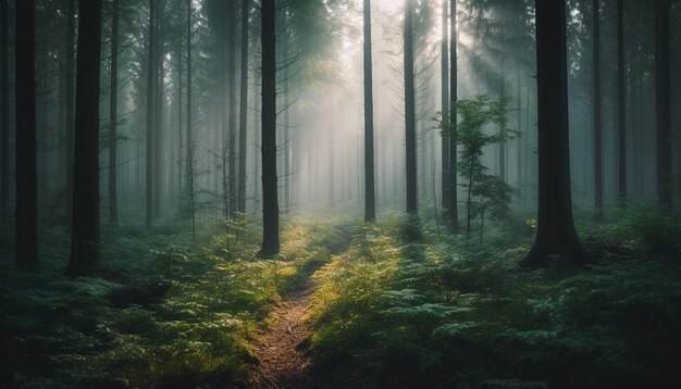 Een rustig voetpad slingert door een mysterieus herfstbos met pijnbomen, gegenereerd door kunstmatige intelligentie