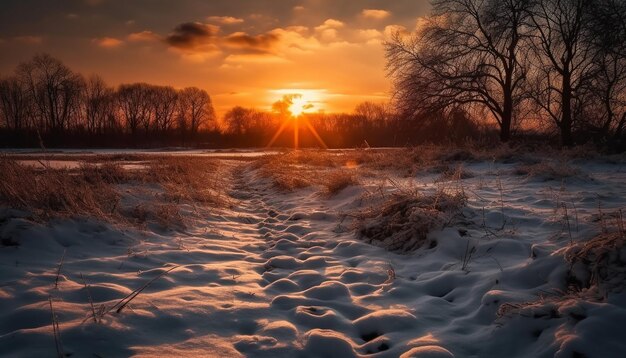 Een rustig winterlandschap, zonsondergang achter een besneeuwd bos, verlicht door kunstmatige intelligentie.