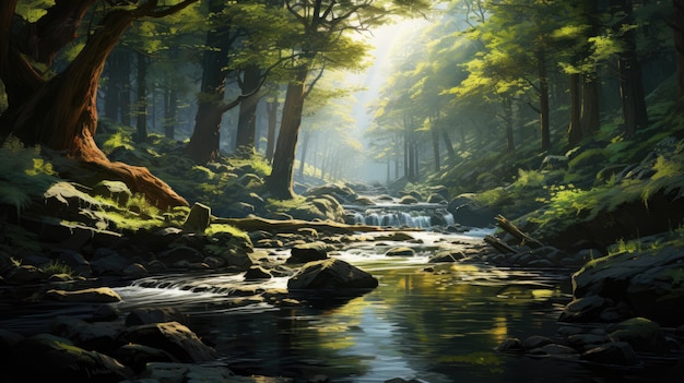 Een rustig, zonnig bos met een vreedzame rivier op de achtergrond gecreëerd met Generative AI-technologie.