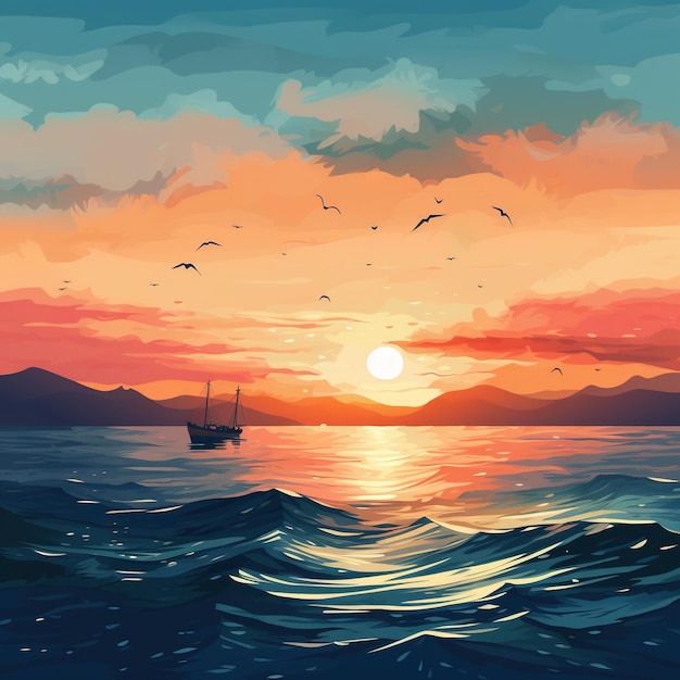 Een rustige avond met een eenzame zeilboot op een golvende zee.