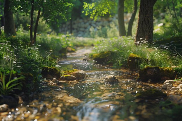 Een rustige beek die door het bos babbelt.