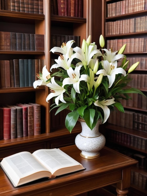 Een rustige bibliotheekhoek met witte lelies die boekenplanken versieren