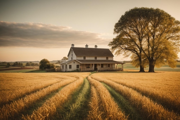 Een rustige boerderij met gouden velden die zich uitstrekken naar de horizon en een gezellige boerderij genesteld