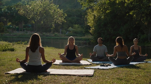 Een rustige buitenomgeving met mensen die yoga beoefenen