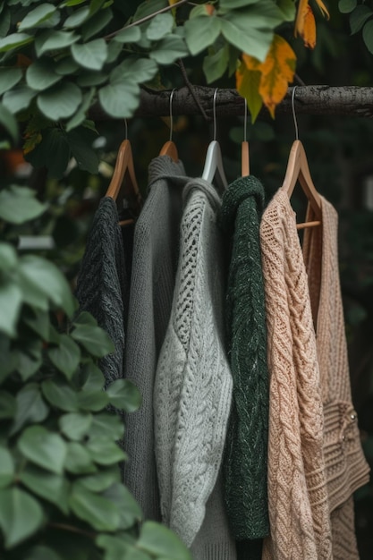 Foto een rustige buitenomgeving met verschillende kledingstukken die op hangers hangen