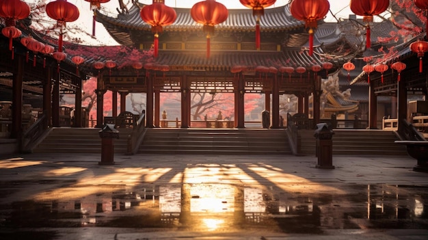Een rustige Chinese Nieuwjaarstempel versierd met rode lantaarns