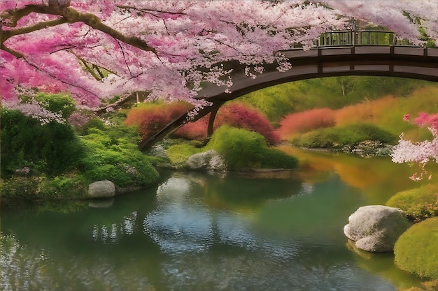 Een rustige Japanse tuin met een serene vijver, boogbruggen en kleurrijke, door kersen geproduceerde Ai