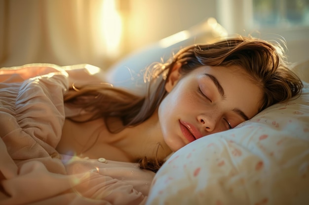 Een rustige jonge vrouw geniet van een vreedzame slaap in een gezellige slaapkamer met zonlicht