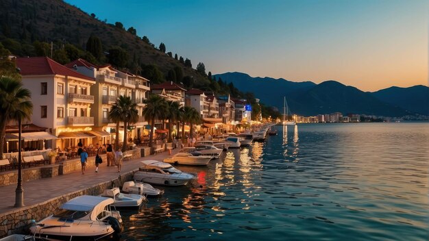 Een rustige kuststad bij zonsondergang met boten.