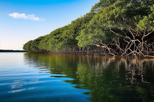 Foto een rustige lagune met mangrovewortels die een doolhof van kanalen creëren