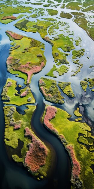 Een rustige luchtbeeld van een levendig moerasland Een foto van een stilleven