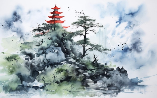 Een rustige natuurscene met boom- en pagode-kunst