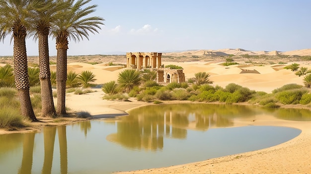 Een rustige oase omringd door zandduinen en oude ruïnes