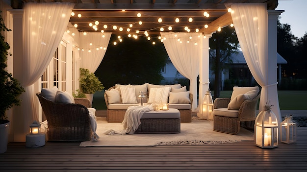 Een rustige patio met een houten pergola, strijkverlichting en een gezellige zitplaats met kussens.