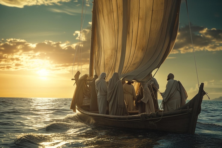 Foto een rustige reis jezus en zijn discipelen varen op een tijdloze reis