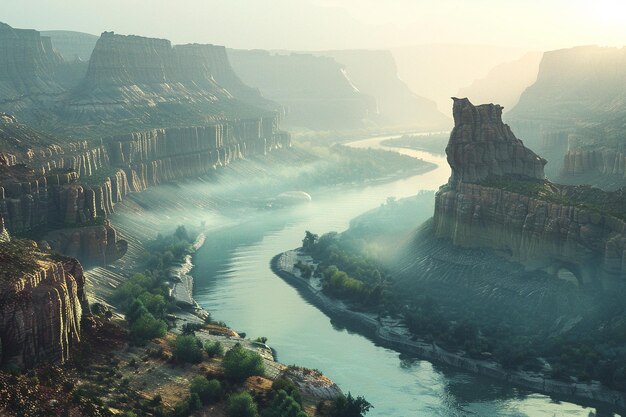 Een rustige rivier die door een canyon slingert.