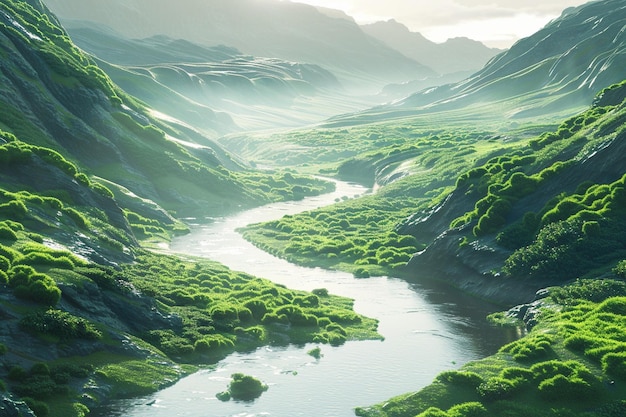 Een rustige rivier die door een weelderige vallei slingert.