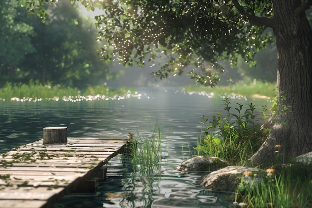 Foto een rustige rivierbank met een houten pier