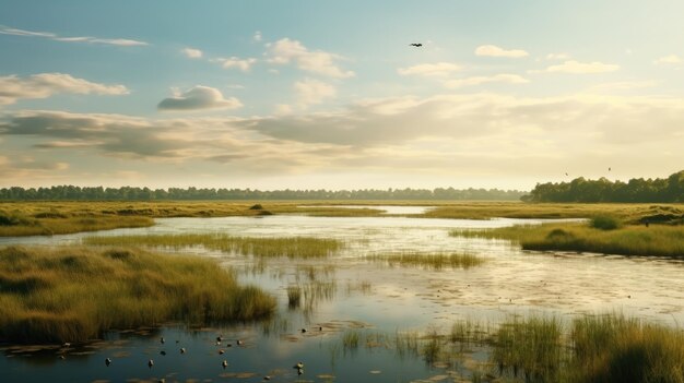 Een rustige rivierdelta met moerassen en een gevarieerd scala aan vogelsoorten een heiligdom van sereniteit voor vogelaars en natuurliefhebbers fotorealistische HD 4K