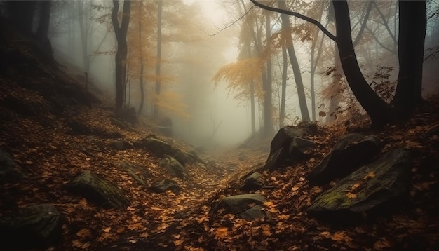 Een rustige scène in de mistige herfstochtend in de wildernis, gegenereerd door AI