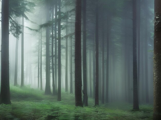 Een rustige scène van een mistig bos met groene bomen