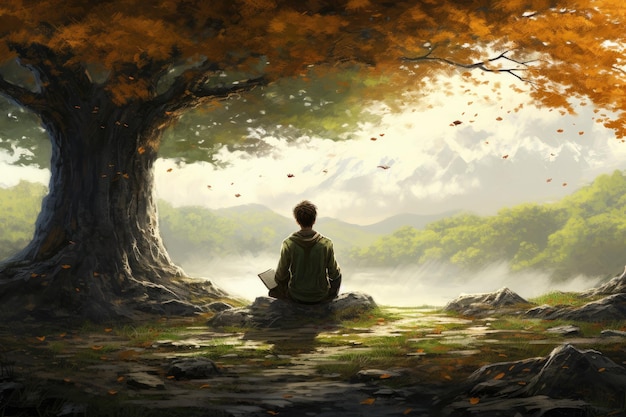 Een rustige scène van een persoon die op een rots zit voor een majestueuze boom die de schoonheid van de natuur omarmt Een student die alleen onder een grote boom studeert