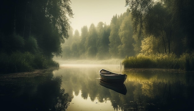 Een rustige scène van een roeiboot op een mistige vijver gegenereerd door AI