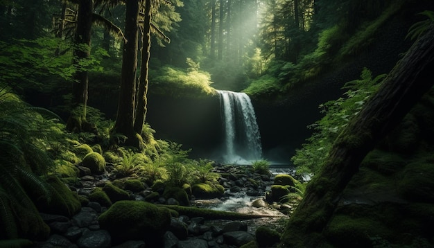 Een rustige scène van een tropisch regenwoud met stromend water en varens gegenereerd door kunstmatige intelligentie