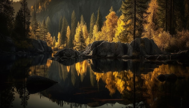 Foto een rustige scène van het herfstbos weerspiegelt in een vredige bergvijver, gegenereerd door kunstmatige intelligentie