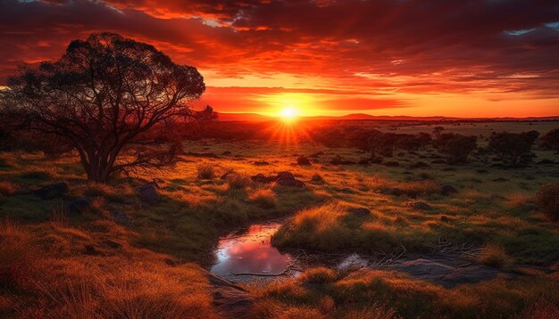 Een rustige scène van het majestueuze Afrikaanse zonsopgang en zonsondergang, een landschap van dieren in het wild gegenereerd door kunstmatige intelligentie.