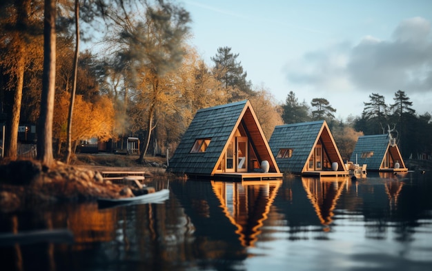 Een rustige scène van houten hutten op de top van een rustig meer