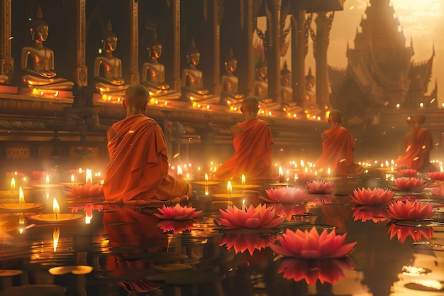 Een rustige scène van monniken die massaal bidden in een boeddhistische tempel Vesak Day concept