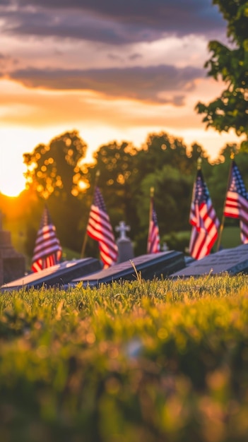 Een rustige schemering met de Amerikaanse vlag over de graven van veteranen als symbool van respect en herinnering.