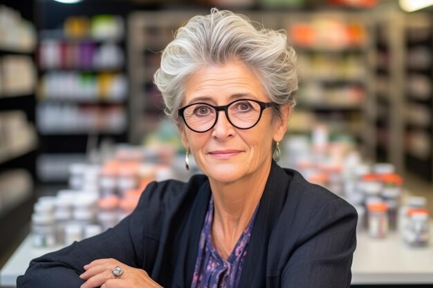 Een rustige senior apotheker vrouw met een bril op de achtergrond van planken met medicijnen