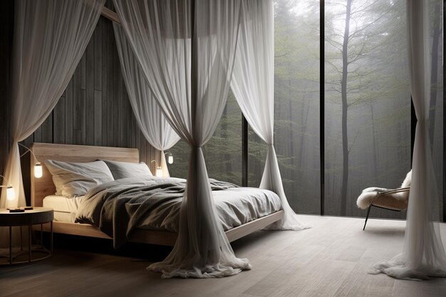 Een rustige slaapkamer met een bed met luifel en doorzichtige gordijnen
