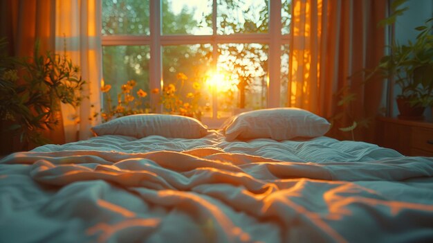 Een rustige slaapkamer met een ongemaakt bed en zacht licht voor de Wereld Slaapdag.